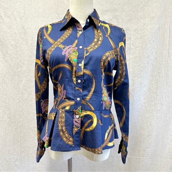 Lauren Ralph Lauren navy equestrian horse bit  button up peplum shirt size 4 - Picture 2 of 16